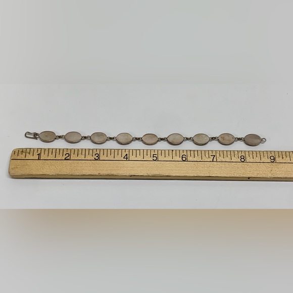 Victorian Era Antique Silver Encased Polished Stone Vintage Link Bracelet - Picture 11 of 15